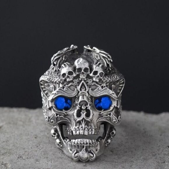 Brand New Silver Skull Blue Eyes Ring Adjustable Size #2 - Picture 1 of 8